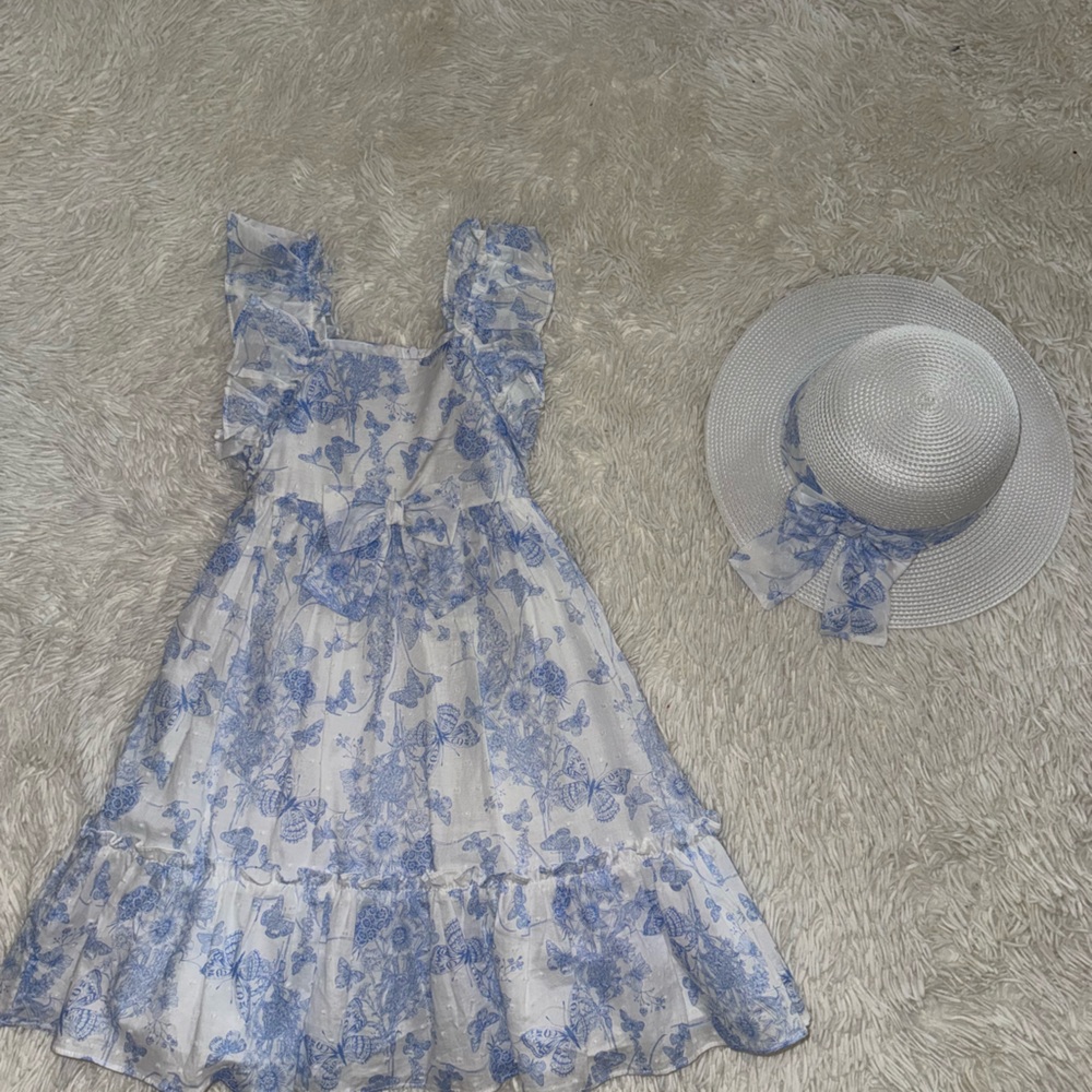 Floral Blue and White Dress with Matching Hat